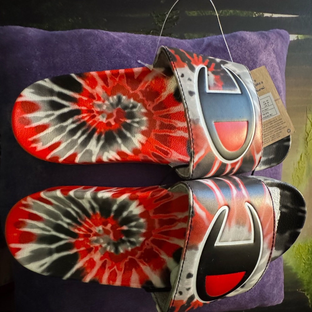Champion Red and Black Sandals with Tie-Dye Design